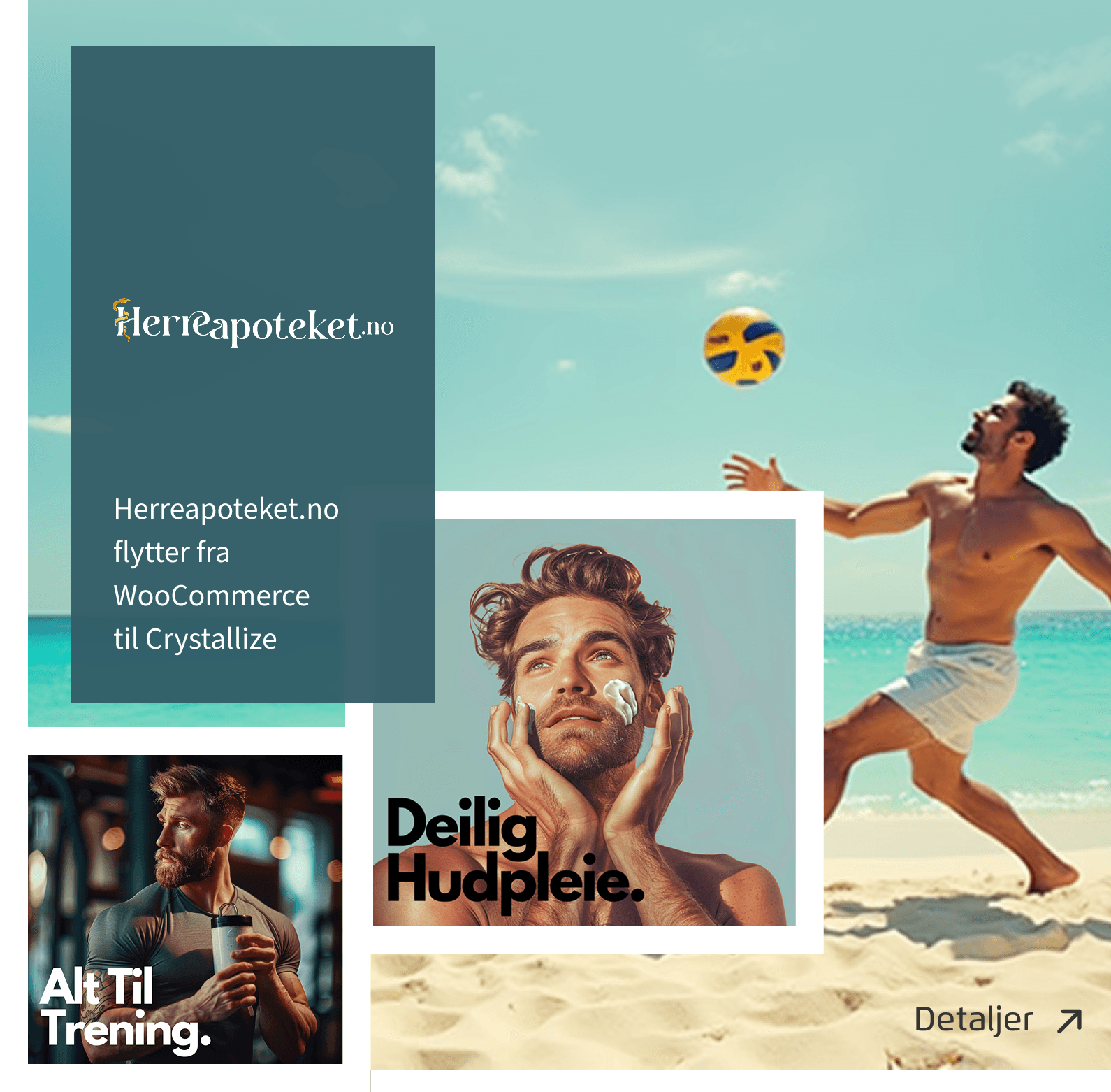 Plakat med tre bilder med menn og logoen til Herreapoteket. Teksten sier "herreapoteket.no flytter fra WooCommerce til Crystallize."